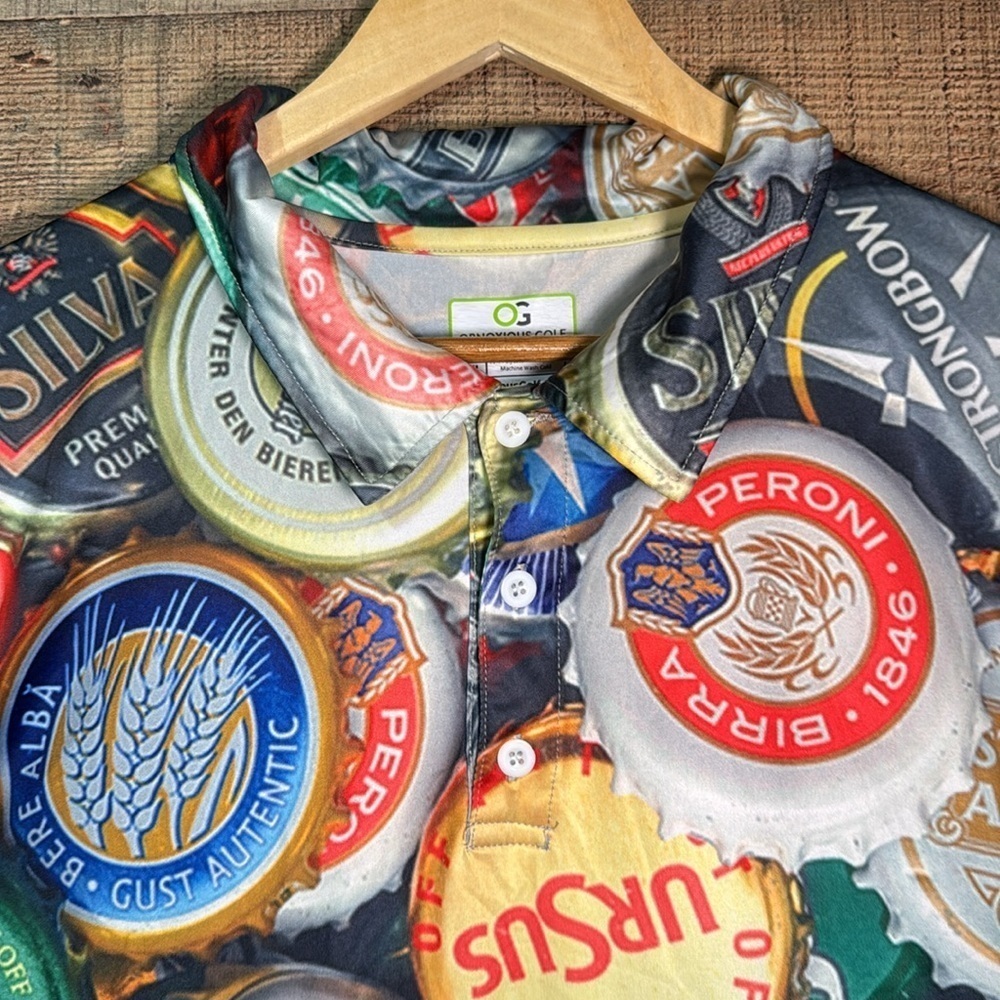Obnoxious Golf Polo Shirt Men’s size XL Beer Bottle Cap All Over Print - Picture 2 of 6